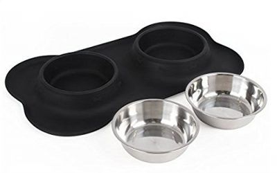 Tazones para perros con bandeja de silicona no derrame doble tazones de acero inoxidable con hueso forma antideslizante colchable extraíble perros gato de agua para alimentos tazón de fuente, negro