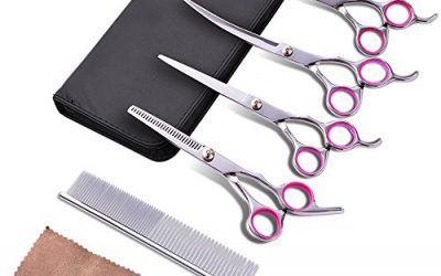 WOLFWILL 5 in 1 Kit de Peluquería Canina Calidad Premium para Perros y Gatos Corte PROFESIONAL Acero Inoxidable Tijeras Curvas,Juego de tijera para mascotas