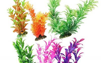 6 Plantas de Plástico de Color Variado con Base de Cerámica para Decoración de Pecera