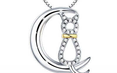 Collar Gato yLuna Mujer de Plata de Ley 925 Colgantes con Brillante Circonita Joyeria Regalos para Madre Hija