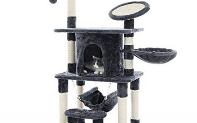 Songmics Árbol para gatos Rascador con Caseta Lujosa Plataforma Redonda con Borde Curvado Postes Recubiertos por Cuerda de Sisal para Afilamiento Color Antracita PCT25G
