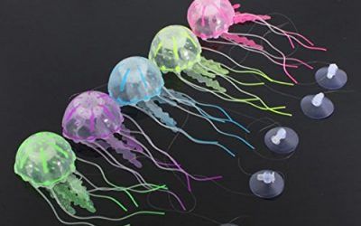 UEETEK 5pcs que brillan intensamente las decoraciones artificiales del tanque de pescados del acuario de las medusas del efecto – tamaño S (azul / verde / amarillo / púrpura / color de rosa)