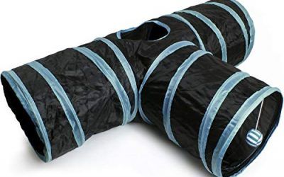 igadgitz Home U6979 – Túnel para Gatos Plegable con Tres vías Túnel Conejo Juego para Gatos Interactivo con Pelota Colgante – Hogar/Exterior – Negro/Ribete Azul