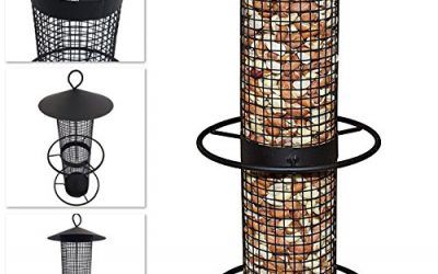 Comedero para pájaros 31 cm para colgar – Silo dispensador de comida para pájaros de malla de metal negra, apto para frutos secos y semillas