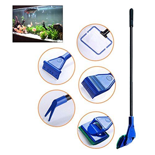 UEETEK 5 en 1 Acuario Completo Fish Tank Clean Set Red de pescado + rastrillo + rascador + tenedor + esponja