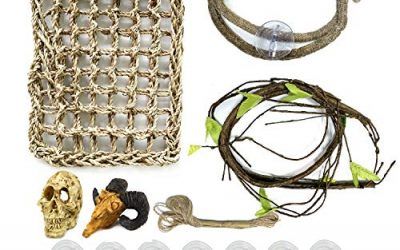 21 piezas accesorios decoración de hábitat para reptiles, hamaca de dragón PietyPet hamaca de arpillera natural con vides artificiales de escalada y pequeño esqueleto de cráneo de oveja artificial
