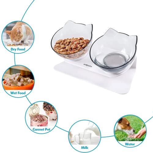 Edipets, Comedero Gato, Bebedero Gatos, Transparente, Tazón Doble Ajustable, Cuenco con Soporte Elevado, Agua y Comida, Evita Lesiones Cervicales (Doble)