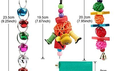 Comius Sharp Accesorios para Jaulas de Pájaros, 8 Piezas Colorido Aves Loros Juguetes Plataforma Soporte Perca de Pájaro, Escalera de Madera, Juguete Masticable, Columpios Juguetes con Campanas