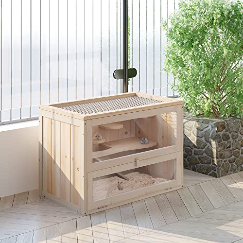 Pawhut Jaula Madera para Hámster Ratoncillos Roedores Casa para Animales Pequeños 2 Niveles 60x35x42cm