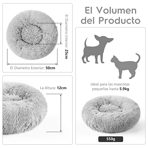 rabbitgoo Cama Gato Perro Antiestres, Cama para Gatos Relajante Cama de Gato con Felpa Suave, Cama Mascota para Dormir Mejor, Antideslizante, Lavable a Máquina (50x50x12cm, Gris Ligero)