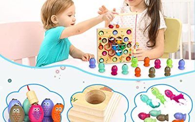 COOLJOY Juego de Pescar para Niños, Juguetes Bebe Madera Peces Juguete Magnetico Infantil Juguetes Educativos Aprendizaje con Caña Preescolares Juegos Pescado Pascua para Niña