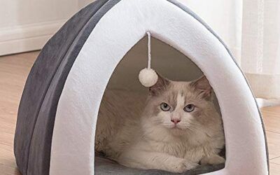 Mousyee Cueva Suave Gato, Cama Gato Carpa para Gatos de Franela con Protección contra el Frío y una Lavable Almohada Cómoda Acogedora y Cálida en Invierno para Gatos y Perros Pequeños (Gris, M)