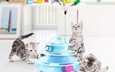 Pecute Juguete para Gatos con Diseño de Torre con 4 Pelotas de 4 Niveles,con Catnip Bola y Palo Divertido de Forma Ratón,Antideslizante y Facil de Desmontar
