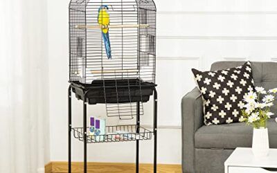 PawHut Jaula para Pájaros con Soporte Jaula de Aves Canarios con 4 Ruedas Techo Abrible 2 Comederos 3 Perchas Bandeja Extraíble y Estante Inferior 46x36x130 cm Negro