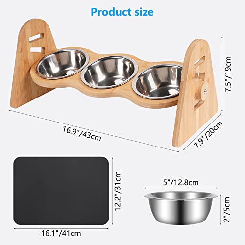 Tedsrewa 3X comedero gato，Regulable en altura, 4 alturas，300 ml por comedero，comedero gato elevado，comederos y bebederos para perros，Con elegante soporte de bambú y mantel individual.