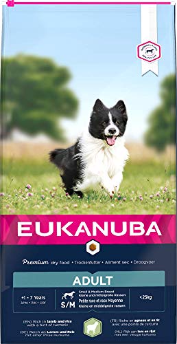 Eukanuba Alimento seco para perros adultos de razas pequeñas y medianas, rico en cordero y arroz, 12 kg
