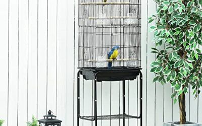 PawHut Jaula para Pájaros con Ruedas 46,5x36x157 cm Jaula Metálica de Aves con Puertas 4 Comederos 3 Perchas Bandeja Extraíble y Estante de Almacenaje para Canarios Periquitos Negro