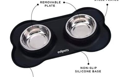 Edipets, Comedero Perro Gato y Mascotas, Bebedero Perro Gatos, Doble Plato Extraíble de Acero Inoxidable, Base de Silicona Antideslizante (Tamaño M – 480 Gr, Negro)
