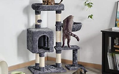 Yaheetech Árbol Rascador para Gatos 80×39.5×96 cm Torre para Gatos Juguete de Gatos de Sisal Natural con Nidos y Hamaca Gris Oscuro