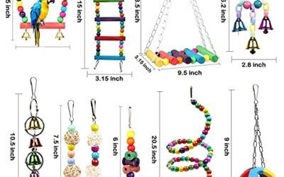 Juguetes para Pájaros, 10 Piezas Perchas Pájaros Juguetes con Campanas, Escalera de Madera, Columpios, Hamaca de Madera, Que cuelga la Perca Juguete para pequeños y medianos Loros de Aves