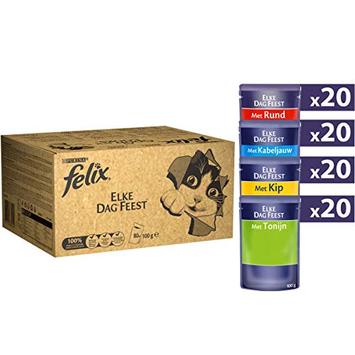 Purina Felix Le Ghiottonerie – Comida húmeda para Gatos con Ternera, Pollo, Bacalao y atún, 80 Sobres de 100 g Cada una
